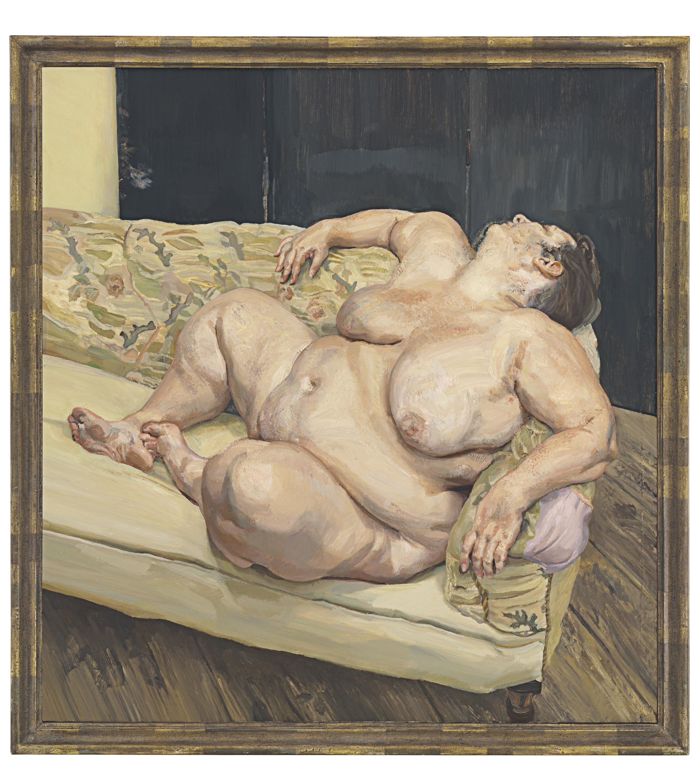Freud: Benefits Supervisor Resting / 1994 / olej na plátně / 150,5 x 161,2 cm / Christie´s New York 13. 5. 2015 / předaukční odhad 30 – 50 milionů dolarů