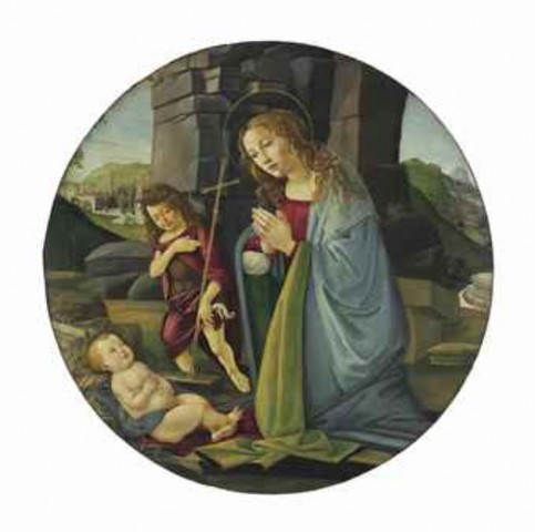 Sandro Botticelli a d&iacute;lna   Madona s mal&yacute;m Janem Křtitelem adoruj&iacute;c&iacute; Krista tempera a olej na desce průměr 116.2 cm cena: 785 000 USD