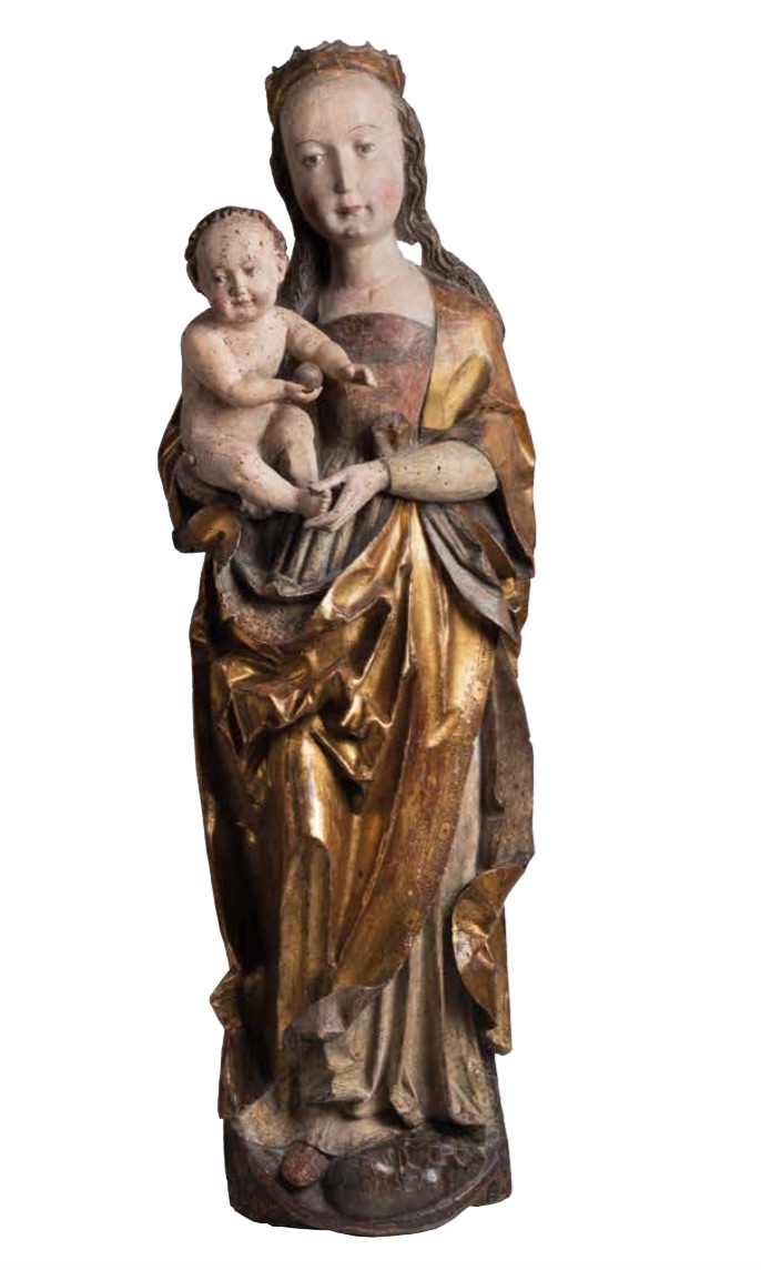 Madona, pravděpodobně z&aacute;padn&iacute; Čechy / kol. r. 1500 polychromovan&eacute; a zlacen&eacute; lipov&eacute; dřevo v&yacute;&scaron;ka 113 cm dosažen&aacute; cena: 1 240 000 Kč Arthouse Hejtm&aacute;nek 1. 12. 2016