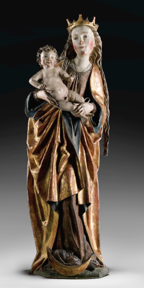 Madona, jižn&iacute; Německo, pravděpodobně Norimberk / 1480-1500 polychromovan&eacute; a zlacen&eacute; lipov&eacute; dřevo v&yacute;&scaron;ka 107 cm dosažen&aacute; cena: 50 000 GBP (včetně provize)