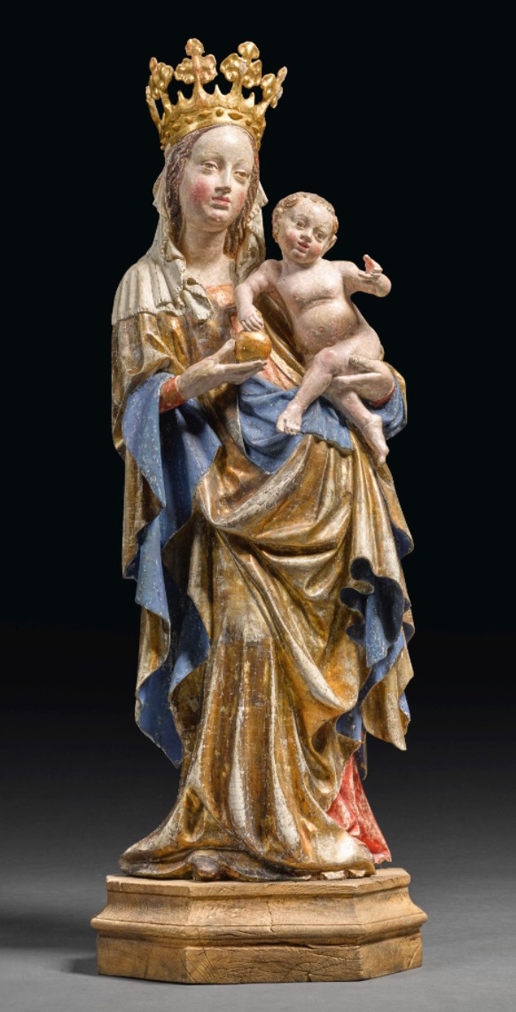 Madona, Salcburk / 1420-1430 polychromovan&eacute; a zlacen&eacute; lipov&eacute; dřevo (pozděj&scaron;&iacute; sokl) v&yacute;&scaron;ka 122 cm dosažen&aacute; cena: 75 000 GBP (včetně provize) Sotheby's Lond&yacute;n 6. 12. 2016