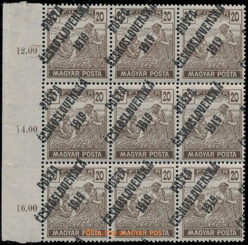 ČESKOSLOVENSKO 1919, Magyar Posta 20f s přetiskem PO&Scaron;TA ČESKOSLOVENSK&Aacute; 1919, eluzivn&iacute; nepoužit&yacute; blok dev&iacute;ti zn&aacute;mek ze Zlat&eacute; sb&iacute;rky Ludv&iacute;ka Pytl&iacute;čka; březen 2016