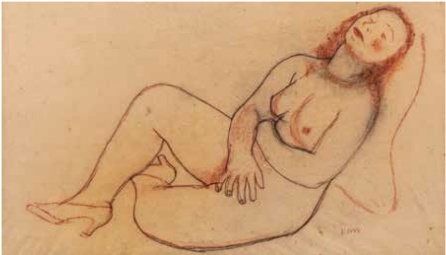 Jiří Kars: Ženský akt, červená a černá křída na papíře, 31 x 55 cm,  odhadní cena: 600 - 800 EUR (+ aukční provize a DPH), Millon & Associés Paříž 18. 9. 2020