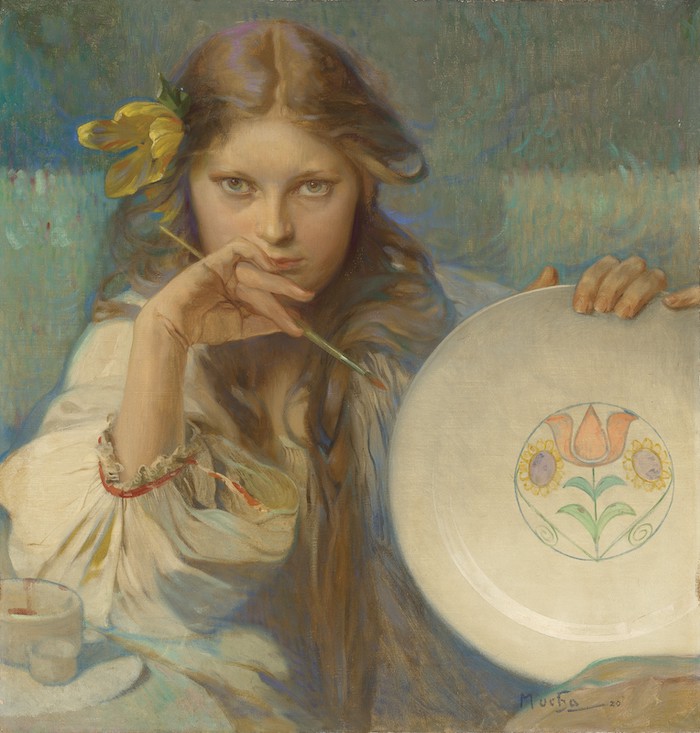 Alfons Mucha: Dívka malující lidový motiv, 1920