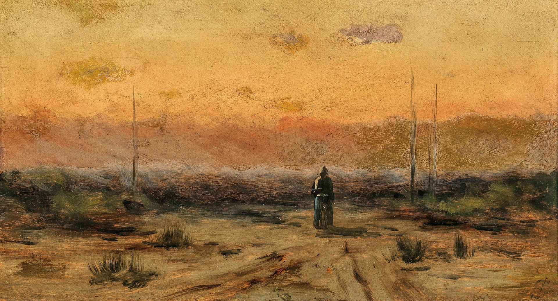 Jakub Schikaneder: Žena na mořském břehu při západu slunce, olej na plátně, 17,5 x 32 cm, odhadní cena: 15 000 - 20 000 EUR (+ 20% provize) Dorotheum Vídeň 7. 6. 2021