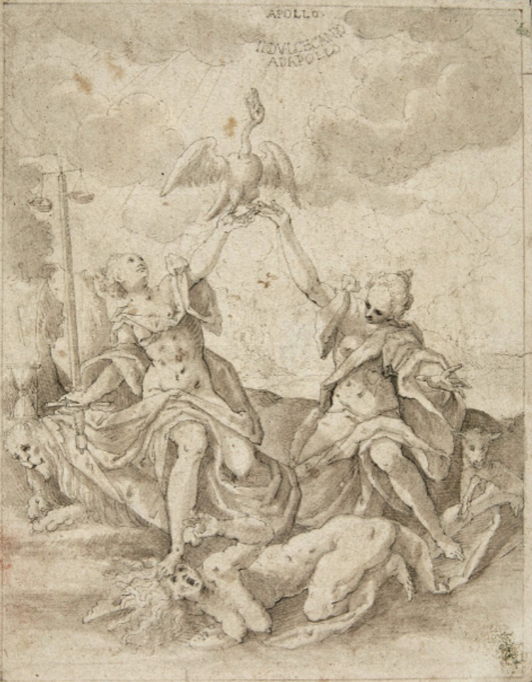Pražská škola: Vítězství Spravedlnosti a Nevinnosti nad Pomluvou, kol. 1600, kresba perem, tmavohnědě lavírovaná, 19 x 15 cm, odhadní cena: 800 - 1200 EUR (bez poplatků), Beaussant Lefèvre & Associés 10. 2. 2022