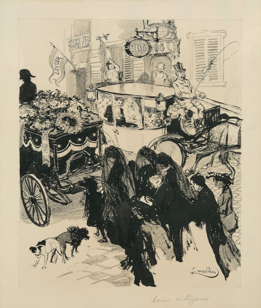 František Kupka: Dobří občané, lavírovaná kresba uhlem a tuší, 36,6 x 30,2 cm, odhadní cena: 6 000 - 8 000 EUR (bez poplatků),  Beaussant Lefèvre & Associés 10. 2. 2022