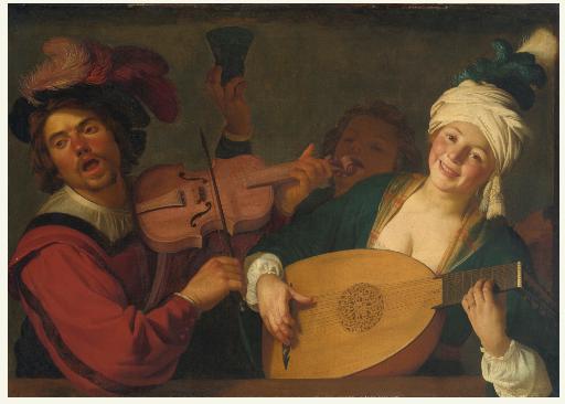 Gerrit van Honthorst: A merry group behind a balustrade with a violin and a lute player / nedatov&aacute;no / olej na pl&aacute;tně / 99,4 x 138,5 cm / Sotheby`s New York 30. 1. 2014