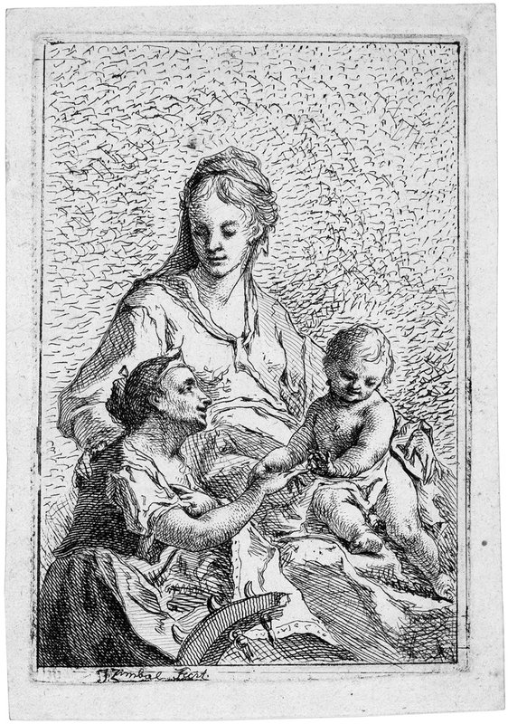 Johann Ignaz Zimbal: Mystické zasnoubení sv. Kateřiny s Ježíškem / lept, papír / 17 x 11, 8 cm / v nabídce galerie Nicolaas Teeuwisse OHG