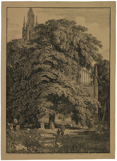 Karl Friedrich Schinkel: Gotický kostel v dubovém háji / 1810 / pérová litografie na papíře / 48,3 x 34,4 cm / prodáno za 125 000 EUR / Galerie Bassenge Berlín