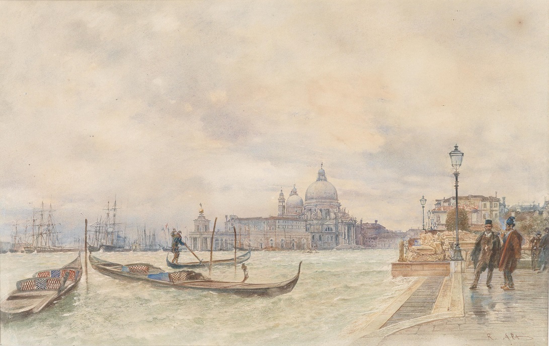 Rudolf von Alt,  Pohled na Santa Maria Maggiore v Ben&aacute;tk&aacute;ch,  akvarel, pap&iacute;r; 29 x 46 cm; odhad 14&ndash;20 000 EUR, č. kat. 245; Dorotheum Wien