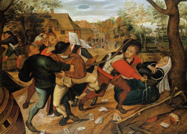 Pieter Brueghel mlad&scaron;&iacute;: Vesnick&aacute; rvačka / 1619 &ndash; 1622 (sign. 1610) / olej na desce / 39 x 57 cm /Christie&rsquo;s 2. 12, 2014 700 tis&iacute;c &ndash; 1 mil GBP