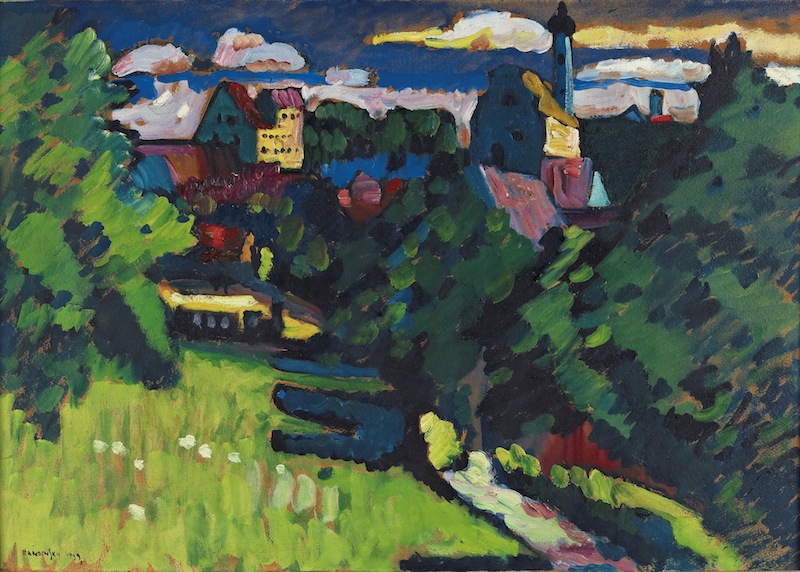 Wassily Kandinsky: Murnau &ndash; Ansicht mit Burg, Kirche und Eisenbahn / 1909 / olej na lepence, adjustov&aacute;no na desce / 48 x 69 cm / odhad: 5 &ndash; 7 mil. liber