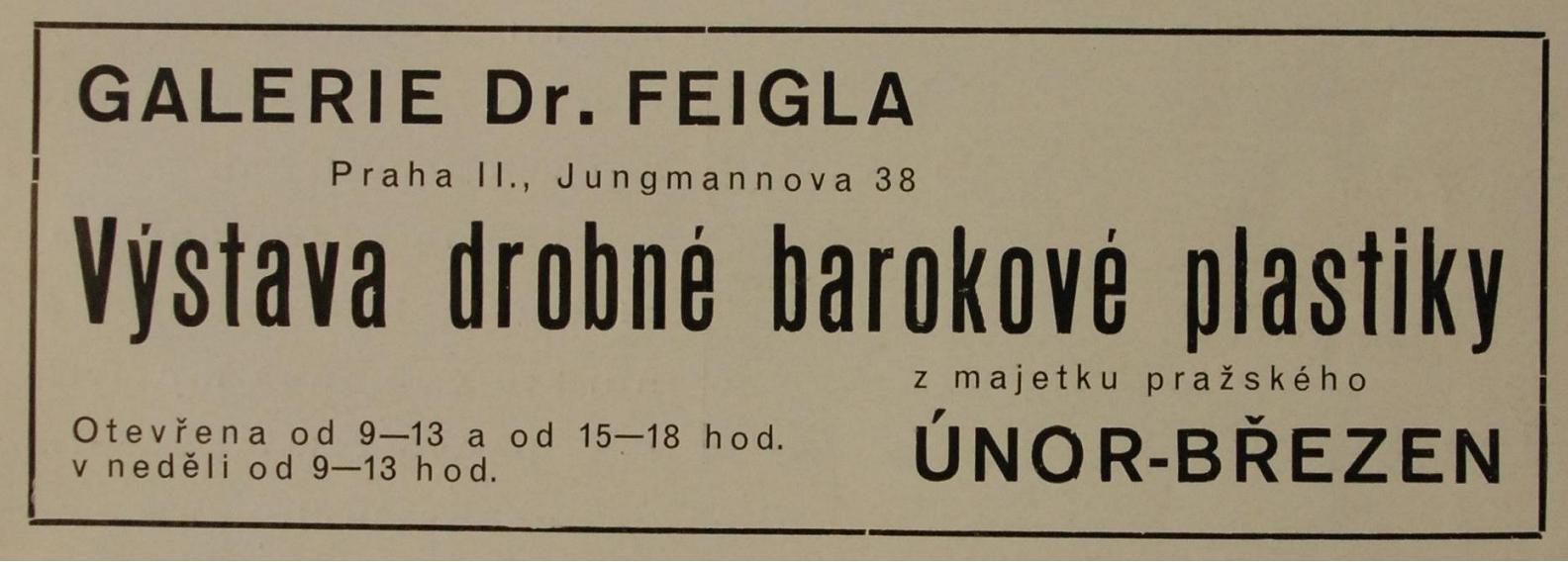 Reklama na v&yacute;stavu v Galerii Feigl v dobov&eacute;m tisku